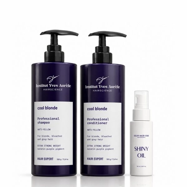 Neutralisierendes Set gegen Gelbstiche (Shampoo 500 ml und Conditioner 500 ml) + regenerierendes Haaröl als Geschenk